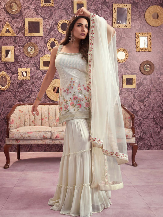 Women Floral Embroidered Regular Sequinned Kurti with Sharara & With Dupatta