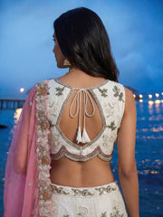 Women's Cream Tissue Woolen Embroidered Lehenga Choli with Dupatta