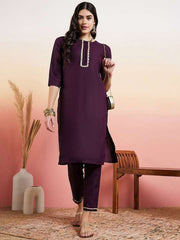 Purple Ethnic Motifs Yoke Design Regular Gotta Patti Kurta With Trousers