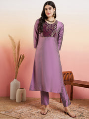 Lavender Geometric Yoke Design Regular Gotta Patti Kurta With Trousers