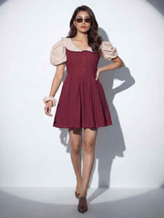 Maroon Cotton Ruffeled Sleeves Mini Indo Western Dress