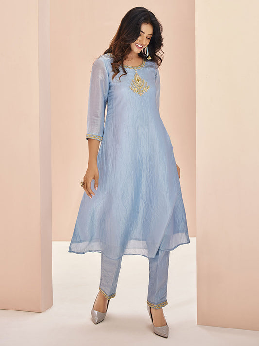 Pastel Blue Organza Handwork Kurta with Pant