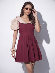 Maroon Cotton Ruffeled Sleeves Mini Indo Western Dress
