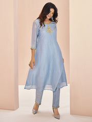 Pastel Blue Organza Handwork Kurta with Pant