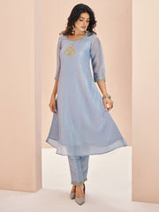 Pastel Blue Organza Handwork Kurta with Pant