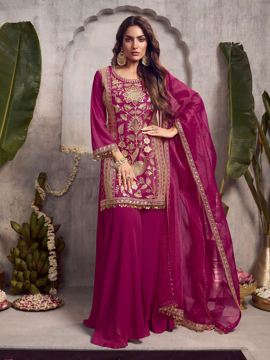 Floral Embroidered Sequinned Kurta With Palazzos & Dupatta