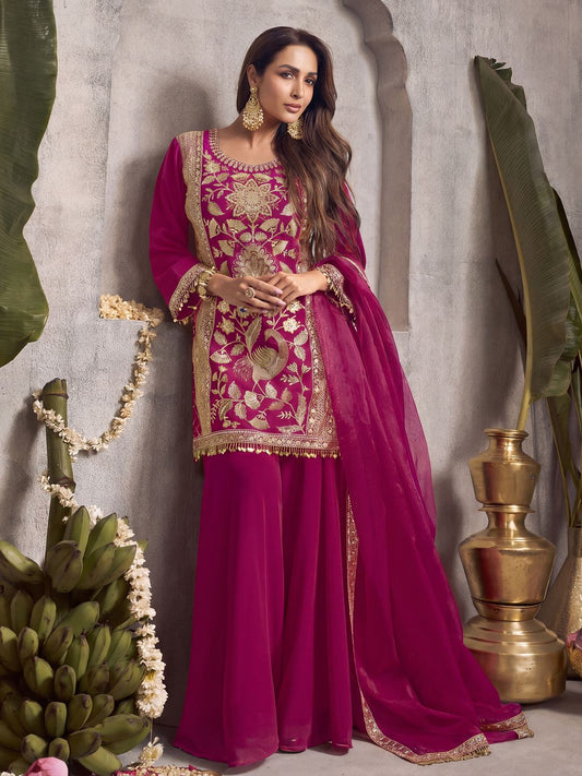 Floral Embroidered Sequinned Kurta With Palazzos & Dupatta