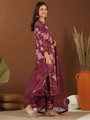 Maroon Floral Printed V-Neck Straight Kurta with Trousers & With Dupatta