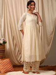 Off White Women Gotta Patti Anarkali Kurta