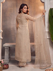 Ethnic Motifs Embroidered Pleated Zari Organza Kurta With Palazzos & Dupatta
