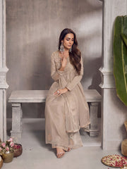 Ethnic Motifs Embroidered Pleated Zari Organza Kurta With Palazzos & Dupatta