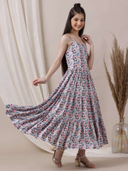 Girls Printed Fit & Flared Midi Dress