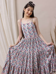 Girls Printed Fit & Flared Midi Dress