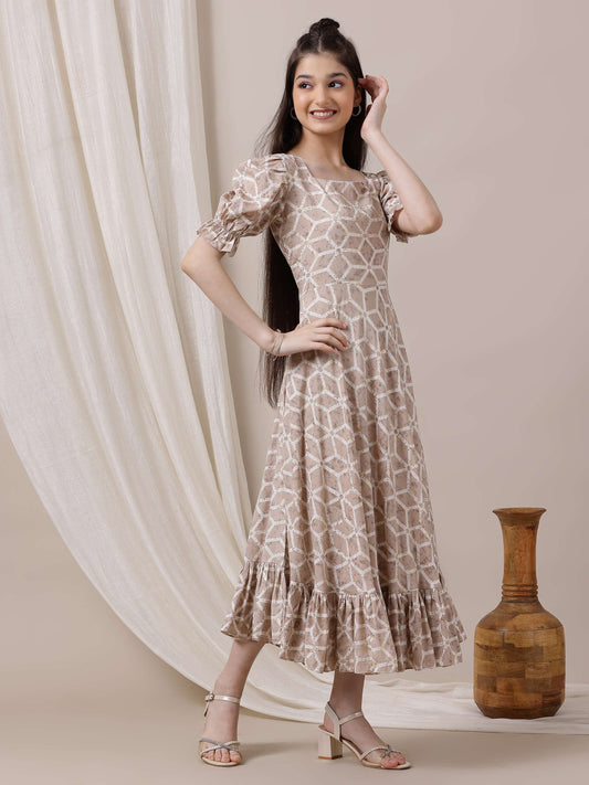 Girls Geometric Printed Ethnic Dress