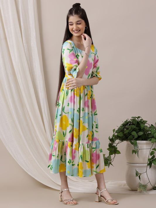 Girls Floral Flared A-Line Ethnic Dress