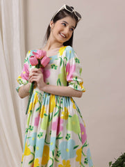 Girls Floral Flared A-Line Ethnic Dress