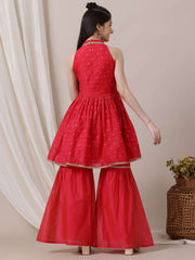 Girls Ethnic Motifs Pleated Chanderi Cotton Kurta with Sharara