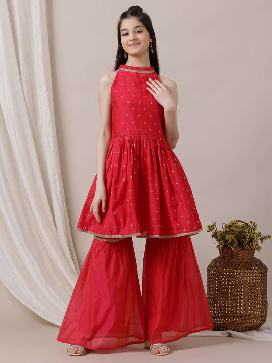 Girls Ethnic Motifs Pleated Chanderi Cotton Kurta with Sharara