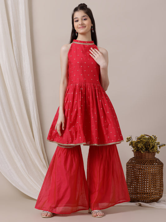 Girls Ethnic Motifs Pleated Chanderi Cotton Kurta with Sharara