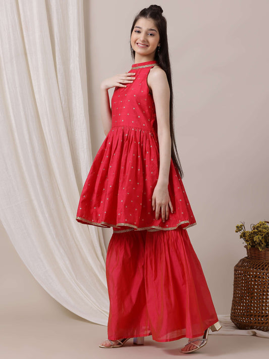 Girls Ethnic Motifs Pleated Chanderi Cotton Kurta with Sharara