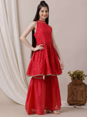 Girls Ethnic Motifs Pleated Chanderi Cotton Kurta with Sharara