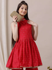Girls Ethnic Motifs Pleated Chanderi Cotton Kurta with Sharara