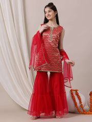 Girls Floral Regular Kurta with Sharara & With Dupatta