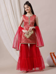 Girls Floral Regular Kurta with Sharara & With Dupatta