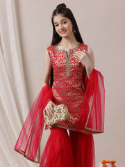 Girls Floral Regular Kurta with Sharara & With Dupatta