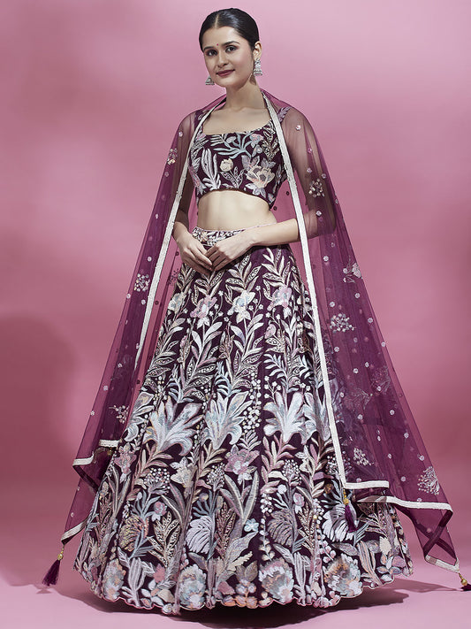 Burgundy Net Sequinse Work Semi-Stitched Lehenga & Unstitched Blouse with Dupatta