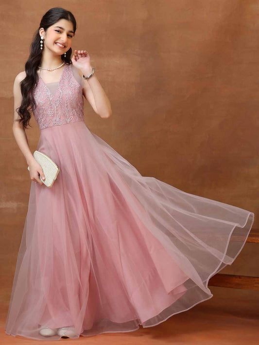 Embroidered V-Neck Maxi Ethnic Dresses