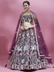 Burgundy Net Sequinse Work Semi-Stitched Lehenga & Unstitched Blouse with Dupatta