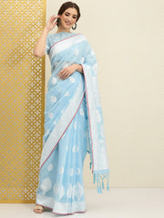 Blue & Off White Ethnic Motifs Rozana Saree
