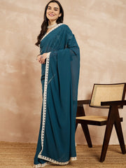Teal Floral Embroidered Saree