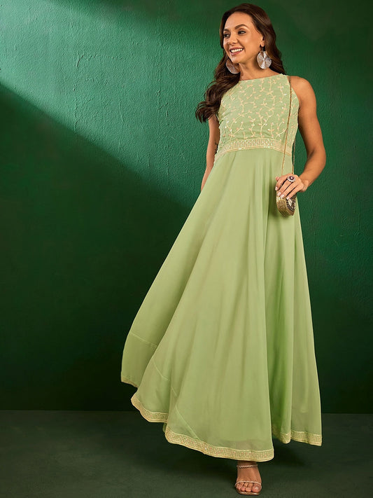 Green Embroidered Maxi Ethnic Dresses