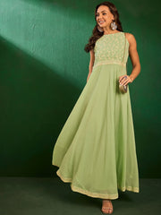 Green Embroidered Maxi Ethnic Dresses