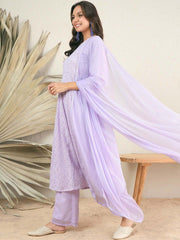 Women Lavender Floral Embroidered Regular Thread Work Kurta with Palazzos & With Dupatta
