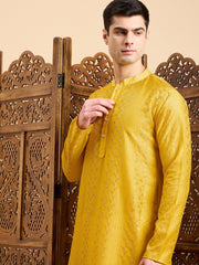 Mustard Striped Embroidered Mandarin Collar Straight Kurta