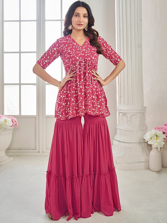 Peach Floral Embroidered Pleated Thread Work Kurta With Sharara