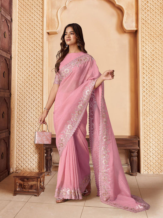 Pink Sequined Embroidered Saree