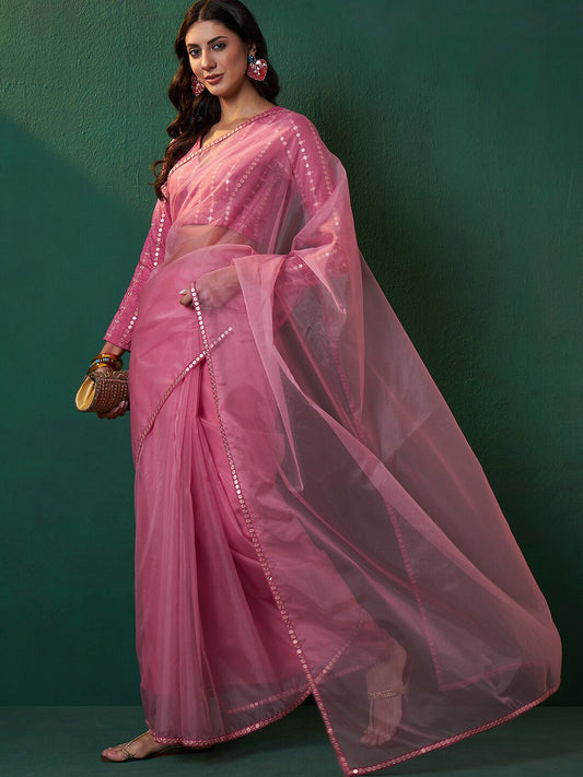 Pink Embroidered Bordered Organza Sarees