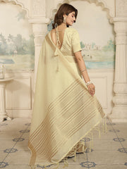 Beige And Gold-Toned Zari Solid Saree