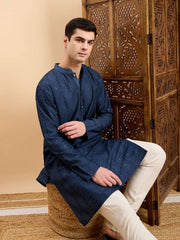 Navy Blue Striped Embroidered Mandarin Collar Straight Kurta