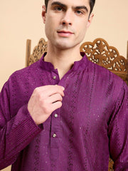 Purple Striped Embroidered Mandarin Collar Straight Kurta
