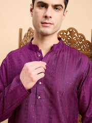 Purple Striped Embroidered Mandarin Collar Straight Kurta