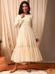 Off White Floral Embroidered Tiered Dress
