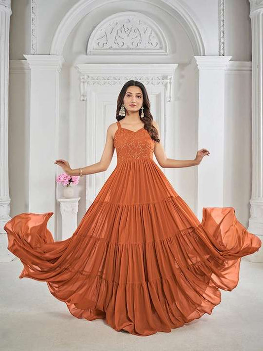 Rust Floral Embroidered Sequined & Tiered Maxi Ethnic Dress