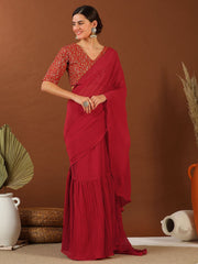 Maroon Accordian Pleat Ruffles Saree