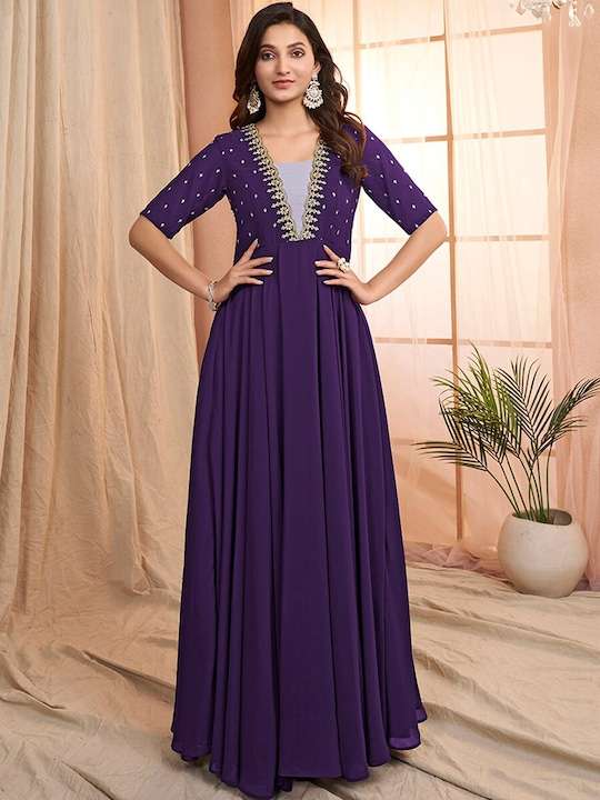 Purple Floral Embroidered V-Neck Georgette Maxi Ethnic Motifs Dress S-36 Purple Floral Embroidered V-Neck Georgette Maxi Ethnic Motifs Dress S-36