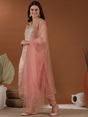 Pink Ethnic Motifs Woven Design Notched Neck Thread Work Kurta with Trousers & Dupatta
